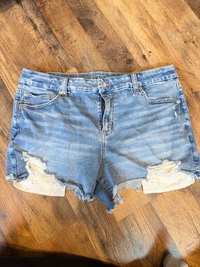 American Eagle Outfitters Light Blue Distressed Denim Shorts with Lace Panels